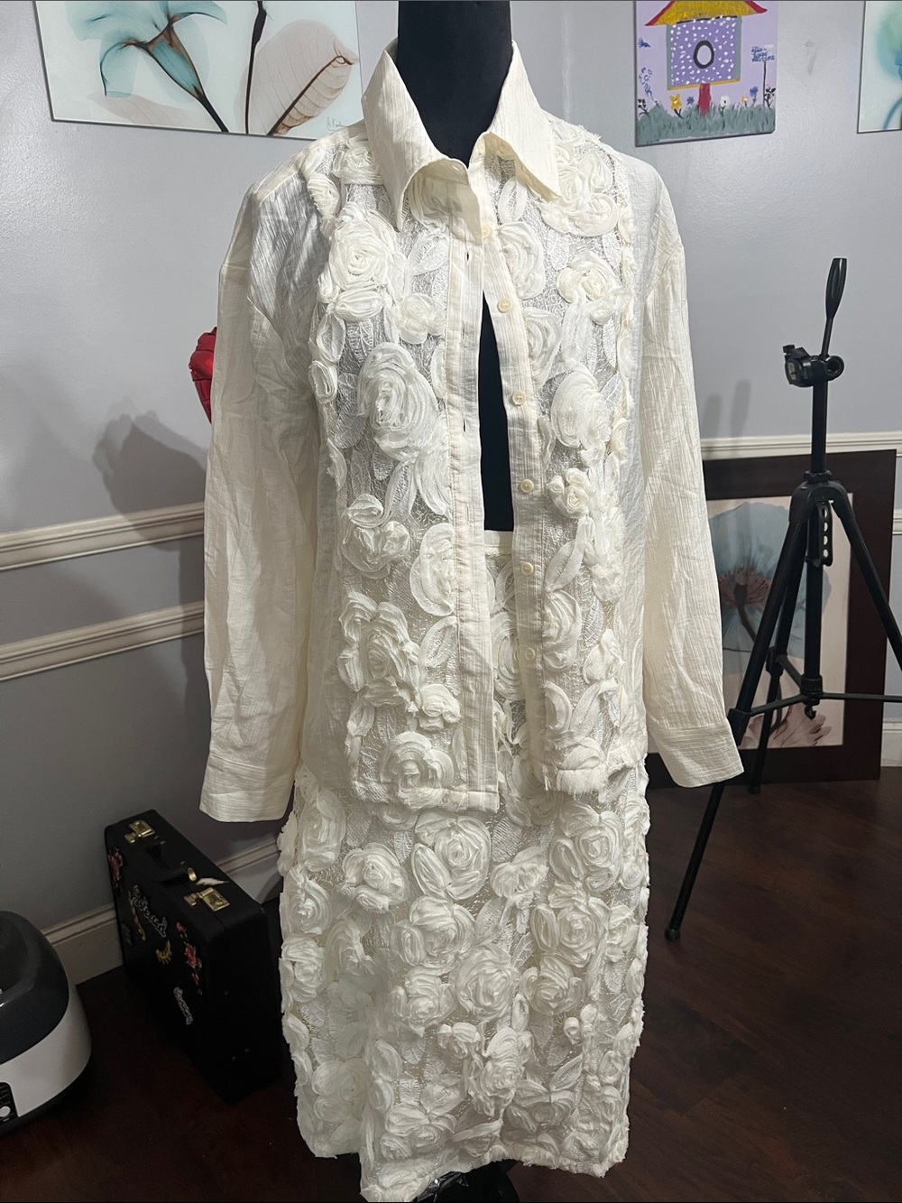 Ivory Floral Appliqué Two-Piece Skirt Set - Womens Coordinated Outfit